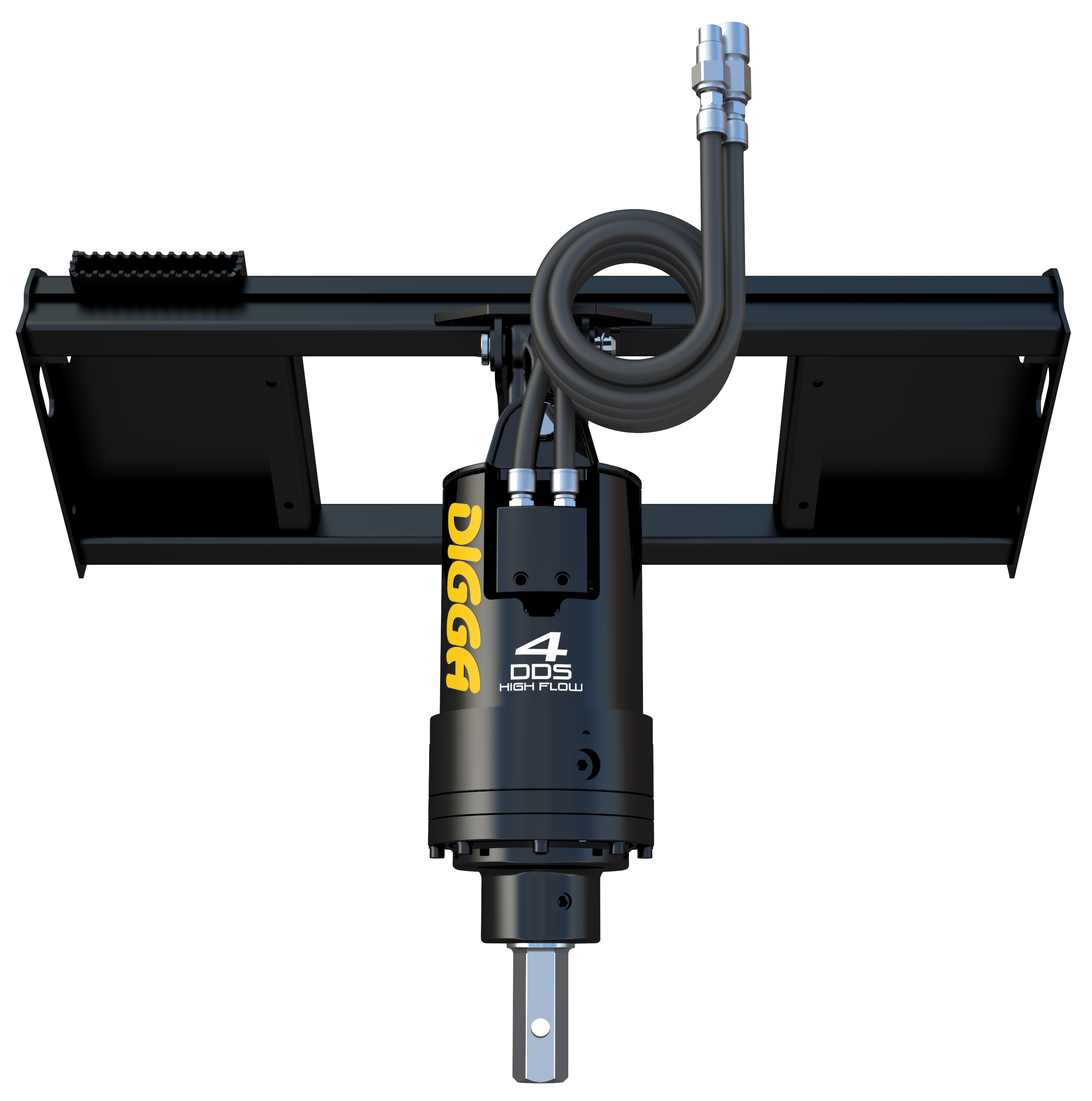 top straight angle white background photo of a digga skid steer auger attachment