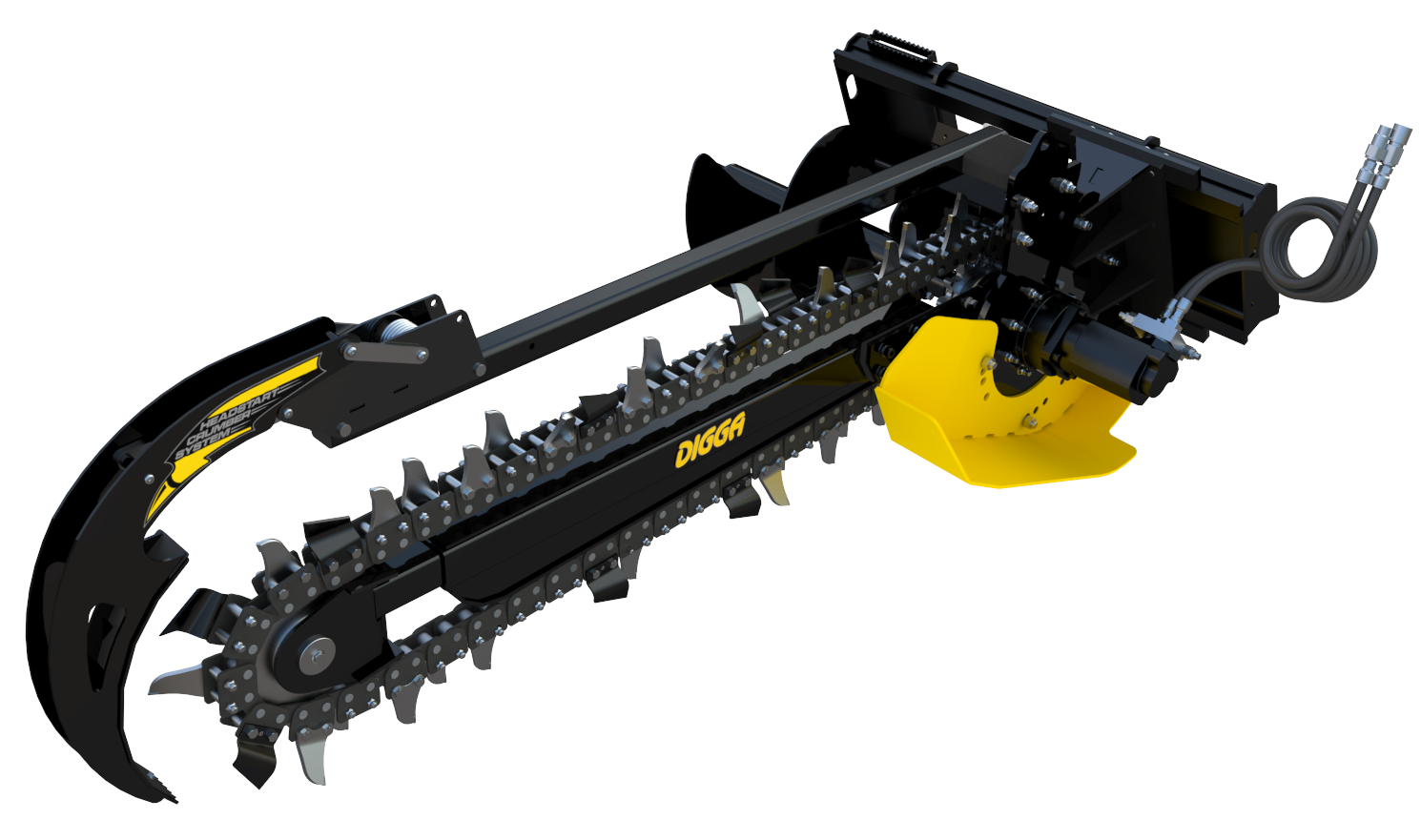 right angled white background photo of a digga skid steer trencher attachment