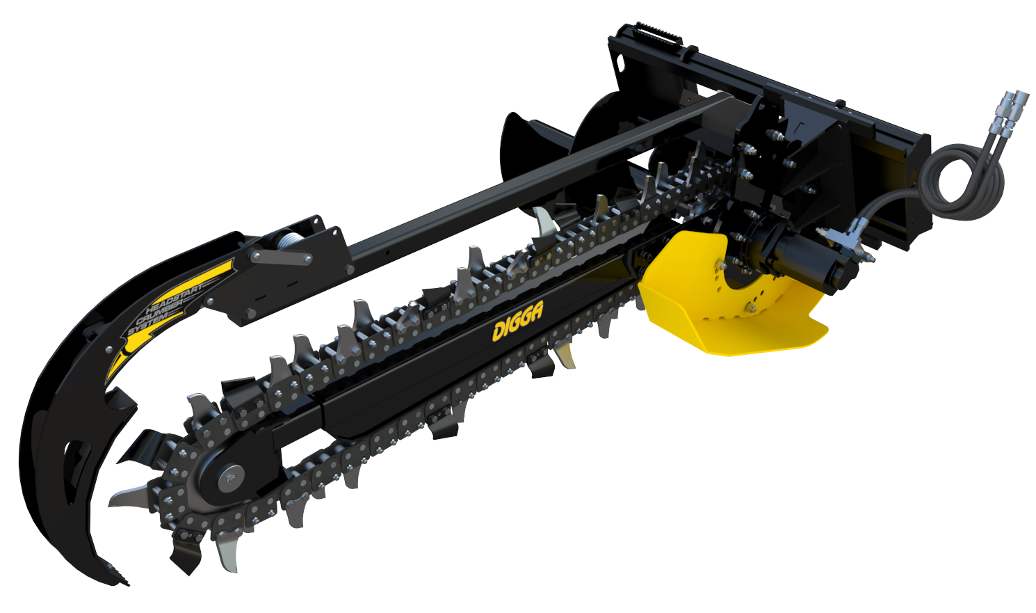 right angled white background photo of a digga skid steer trencher attachment