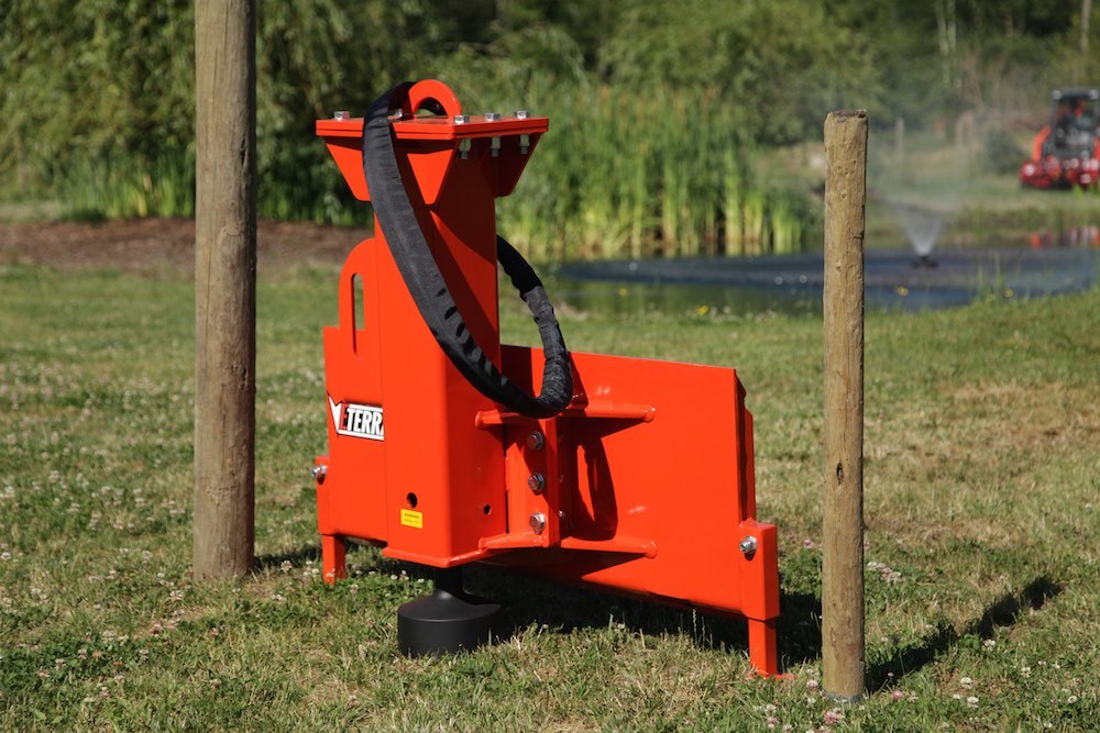 split image of an eterra skid steer pdx-750 on the left; the front view, on the right; the back view