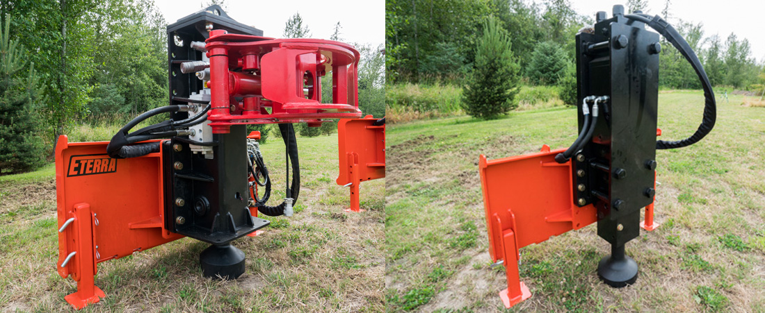 split image displaying the eterra skid steer post driver standing alone on grass on the left with a grapple, on the right without a grapple