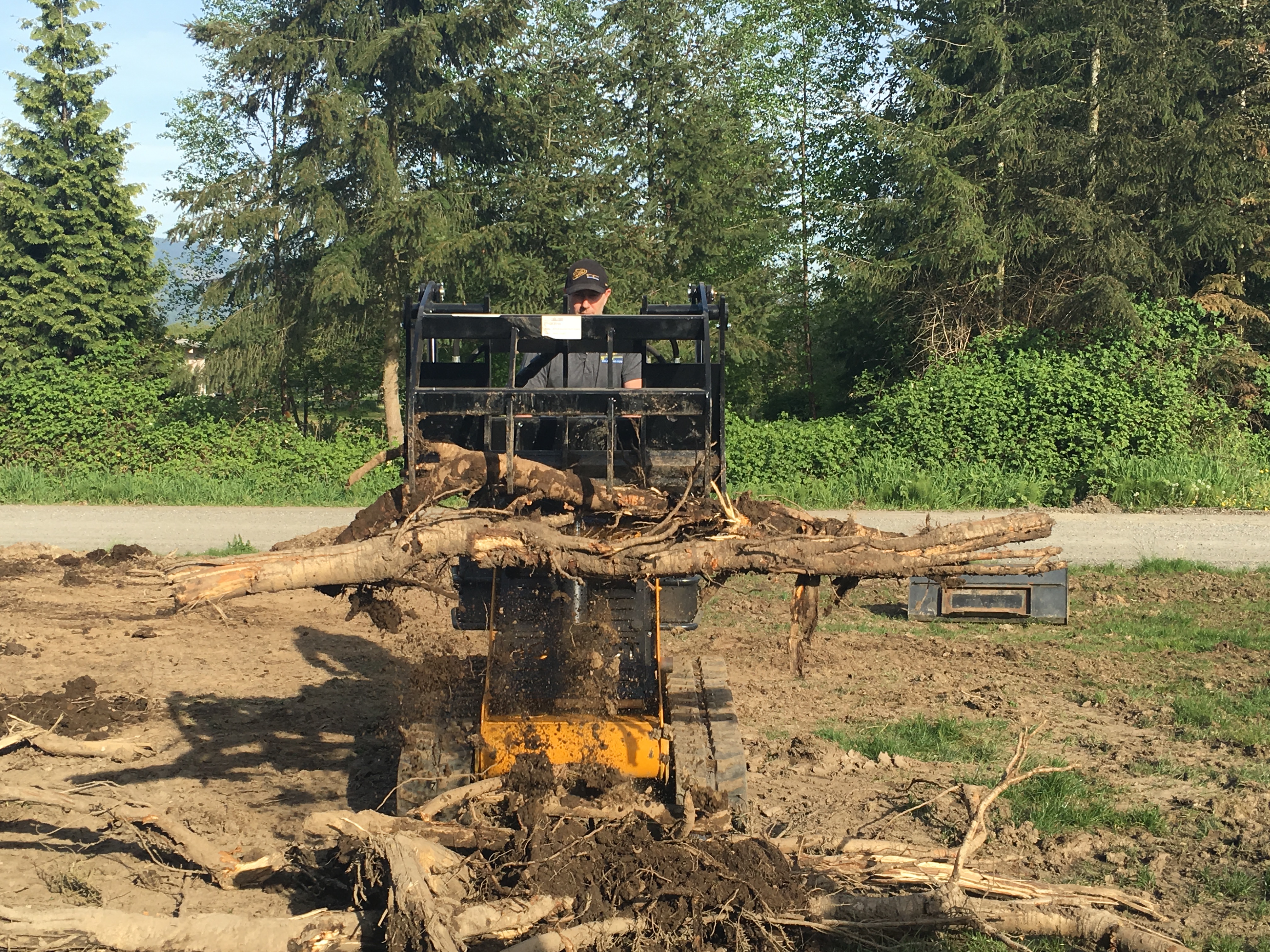 front view of a mini skid steer parked on dirt using a mini skid steer grapple attachment to pick up a branch