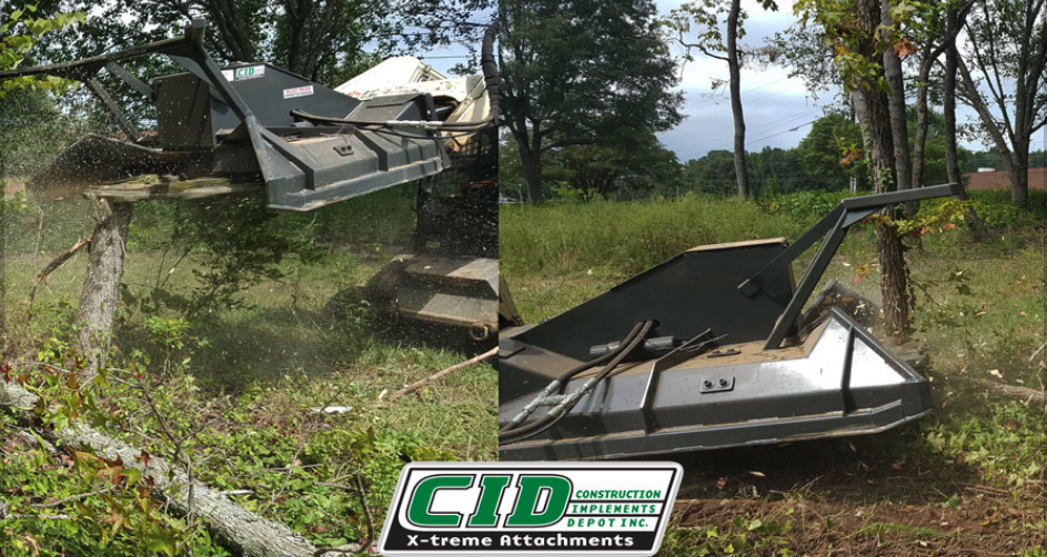 split image showing the cid skid steer forestry disc mulcher, on the left; an angled view mulching a tree, on the right; a right profile view mulching a tree