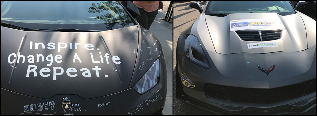 split image of the skid steer solutions dream rally race car's hood before and after being written on
