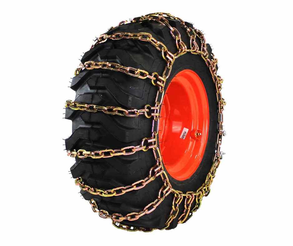 angled view of a skid steer tire with chains attached to it