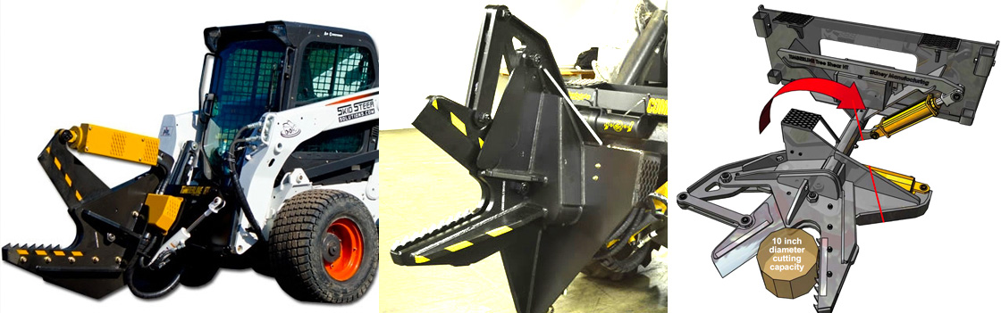 Timberline makes heavy duty tree shear attachments for skid steer loaders, excavators and mini skid steers